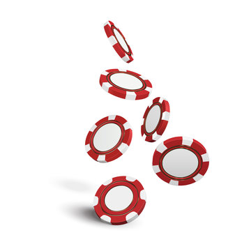 casino red chips isolated on white realistic vector 3d objects. Online casino banner. Red realistic chip in the air. Gambling concept, poker mobile app icon