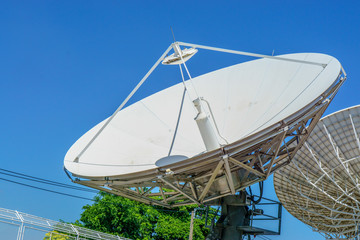 Satellite dish with sky., Communication technology network.