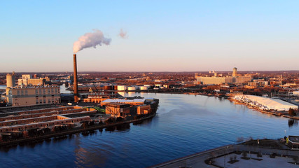 Aerial view of city. Industrial cityscape. Milwaukee, Wisconsin, USA.  Industrial pollution, emissions