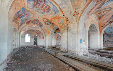 Abandoned brick church built in the late 19th century, inside