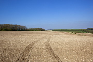 Fototapeta na wymiar chalky cultivated field with tyre tracks