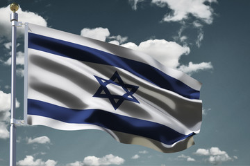 Israel flag  Silk waving flag with emblem David's star of State of Israel with a flagpole on a sunny gray blue sky background with white clouds  3D illustration.