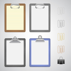 Realistic vector clipboard set. Folder with blank sheet for branding and mock up. Empty space for important info, plans, lists, messages, notes. Manager's must have organizer with paper clips.