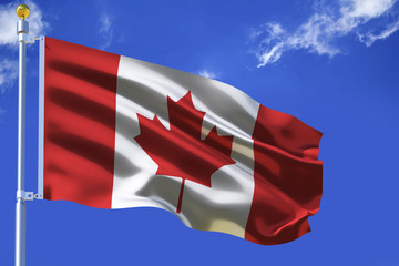 Canada flag Silk waving flag with emblem maple leaf  of Canada with a flagpole on a sunny blue sky background with white clouds  3D illustration.
