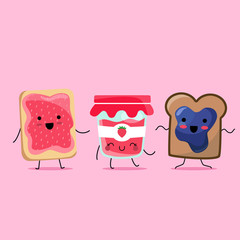 Kawaii illustration of a funny and yummy breakfast set dancing happily. There’s a bottle of strawberry jam glass bottle and two toasts: one with strawberry and the other one with blueberry. They all h