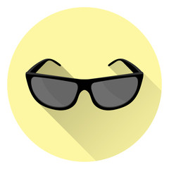 Sunglasses with glare. On a circular yellow background with a shadow. Flat style, icon. 10 eps