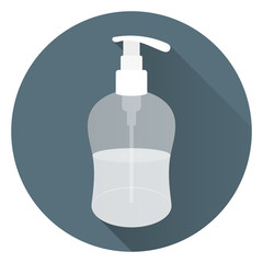 Transparent bottle of liquid soap or body cream. Foam for a bath. On round grey background with shadow. Flat style, icon. 10 eps
