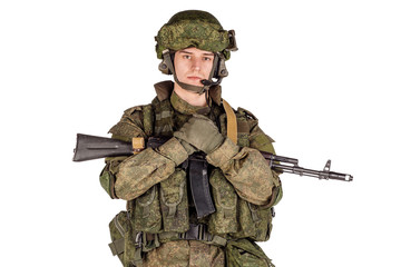 russian special forces soldier with rifle on dark background. army, military and people concept