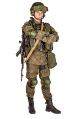 russian special forces soldier with rifle on dark background. army, military and people concept