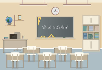 School class room interior design with text on chalkboard. School classroom with chalkboard, student desks and teacher's desk.