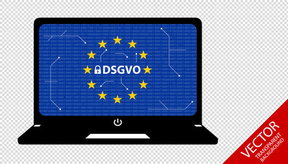 DSGVO Laptop - Banner mit Vorhängeschloss, EU-Flagge, Bits und Schaltplan - Freigestellt auf transparentem Hintergrund