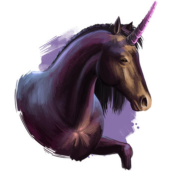 Unicorn digital art illustration isolated on white background. Legendary ancient mythological crature, fairy-tale dreamlike animal character drawing. Hand drawn graphic clip art for web, print, design