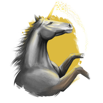 Unicorn digital art illustration isolated on white background. Legendary ancient mythological crature, fairy-tale dreamlike animal character drawing. Hand drawn graphic clip art for web, print, design