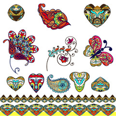 Colorful decorative elements. Paisley, decorative flowers and butterflies. Vector illustration