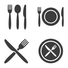 Plate, fork, spoon and knife icons.
