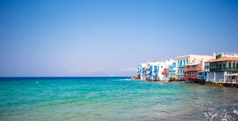 Little Venice the most popular sight in Mykonos Island on Greece, Cyclades
