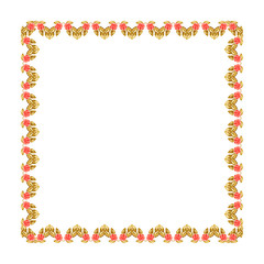 Watercolor square border frame with red bright roses and olive-colored leaves isolated on white background