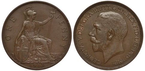 United Kingdom, British one penny 1913, seated Britannia with oval shield and trident, sea below,...