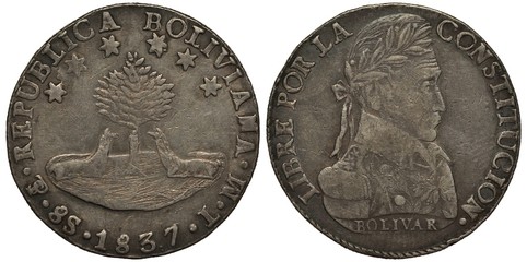 Bolivia, Bolivian coin eight reales 1837, two lamas near tree, bust of Simon Bolivar, coarse die, silver,