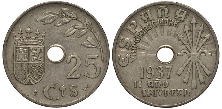 Spain, Spanish coin twenty five centimo 1937, shield with tower, lion, stripes and chain, crown on top, plant, center hole, stylized sun with rays, bunch of arrows,