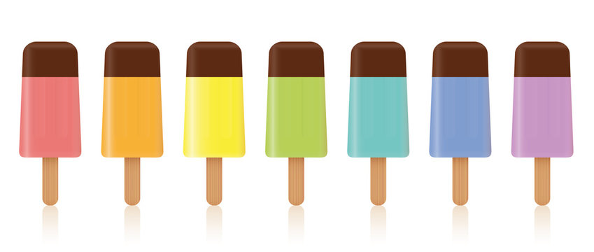 Ice lollys, colored set. Rainbow colored fruity collection of seven frozen popsicles with chocolate glaze topping - isolated vector illustration on white background.