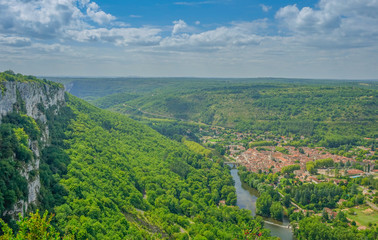 Sant Antonin de Noble Val, Midi Pyrenees, France - July 23, 2017: Aerial panoramic view of the village Sant Antonin de Noble Val under a sunny day of blue sky