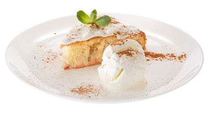 Apple biscuit cake and ice cream on plate isolated on white background
