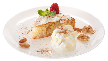 Apple biscuit cake and ice cream on plate isolated on white background