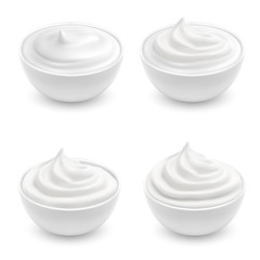 Vector realistic set of white bowls with sour cream, mayonnaise, yogurt, sweet dessert, soft cheese. Ceramic cups with cosmetic product for skincare isolated on background. Mockup for your advertising