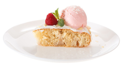 Apple biscuit cake and ice cream on plate isolated on white background