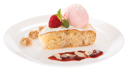 Apple biscuit cake and ice cream on plate isolated on white background