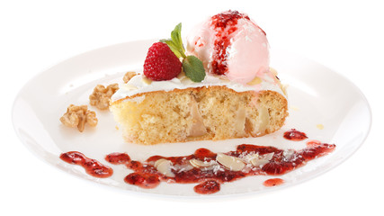 Apple biscuit cake and ice cream on plate isolated on white background