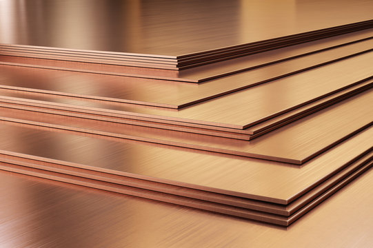 Copper sheets. Rolled metal products, close-up. 3d illustration. 