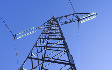 Power Lines: Special grid tower to change the direction of the overhead high-voltage direct-current transmission line across the Danish Kattegat island of Laesoe