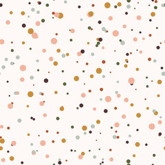 Colorful abstract messy seamless pattern with geometric shapes. Circles, dots. Vector illustration.