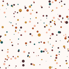 Colorful abstract messy seamless pattern with geometric shapes. Circles, six angles, dots. Vector illustration.