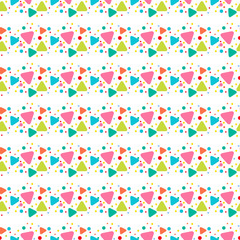 Colorful geometrical cute seamless pattern with pink, orange, green circles, round triangles on white. Geometric endless background of geometric shapes. Vector illustration.