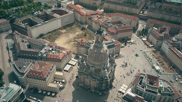Aerial view of the famous Frauenkirshe or Church of Our Lady and Neumarkt square in Dresden, Germany