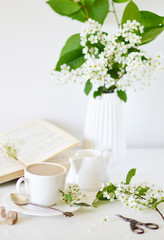 Vase with White Flowers Bird Cherry Tree, Morning, Cup with Coffee, Old Book, Spring Time, Summer Concept, White Background, Copy Space