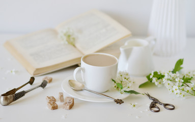Vase with White Flowers Bird Cherry Tree, Morning, Cup with Coffee, Old Book, Spring Time, Summer Concept, White Background, Copy Space