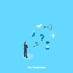 a man in a business suit faces a choice to promote his business, an isometric image