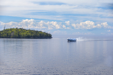 Panorama of Lake Ladoga and the island of Valaam. Movement of a passenger hydrofoil vehicle