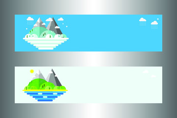 Set web banners templates, modern flat design conceptual landscapes with sea, beach, hills, trees and mountains. Vector illustration. - 204572797
