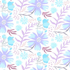 Fototapeta na wymiar Tender blue and violet hand drawn floral seamless pattern. Gentle light texture with cute flowers, leaves, waterdrops for textile, wrapping paper, print design, wallpaper, surface