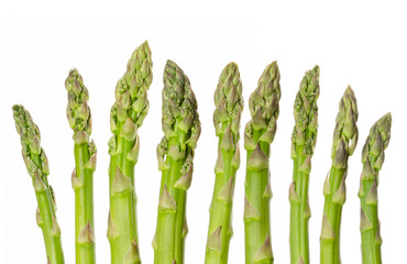 Fresh green asparagus tips in a row. Sparrow grass. Cultivated Asparagus officinalis. Spring vegetable with thick stems and closed buds. Food photo, close up, from above, on white background.