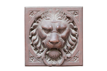 Vintage wooden brown lion head isolated on white background. Lion head sculpture. Wooden sculpture