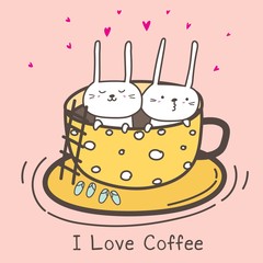 Cute Bunnies In The Cup. I love Coffee. Coffee Time Vector Illustration.