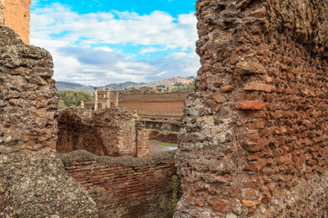 Italy, Central Italy, Lazio, Tivoli. Hadrian's Villa. UNESCO world heritage site. Stadio. Peschiera Stadio. Stone wall ruins.