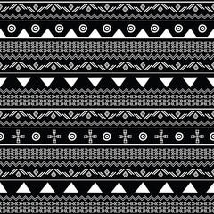 Tribal black and white seamless repeat pattern. Great for folk modern wallpaper, backgrounds, invitations, packaging design projects. Surface pattern design.