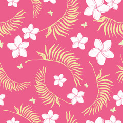Fototapeta na wymiar Tropical pink flowers seamless repeat pattern. Great for summer exotic wallpaper, backgrounds, packaging, fabric, and giftwrap projects. Surface pattern design.
